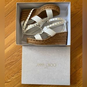 JIMMY CHOO Women’s Danica Studded Leather Wedge Espadrille Sandals, White, 38.5